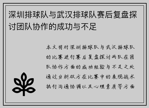 深圳排球队与武汉排球队赛后复盘探讨团队协作的成功与不足